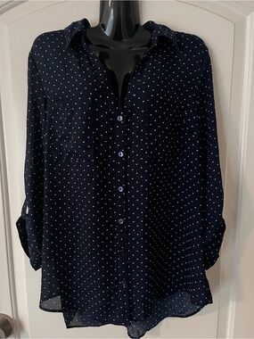 Fortune + Ivy Navy Polka Dot Button-Front Blouse
